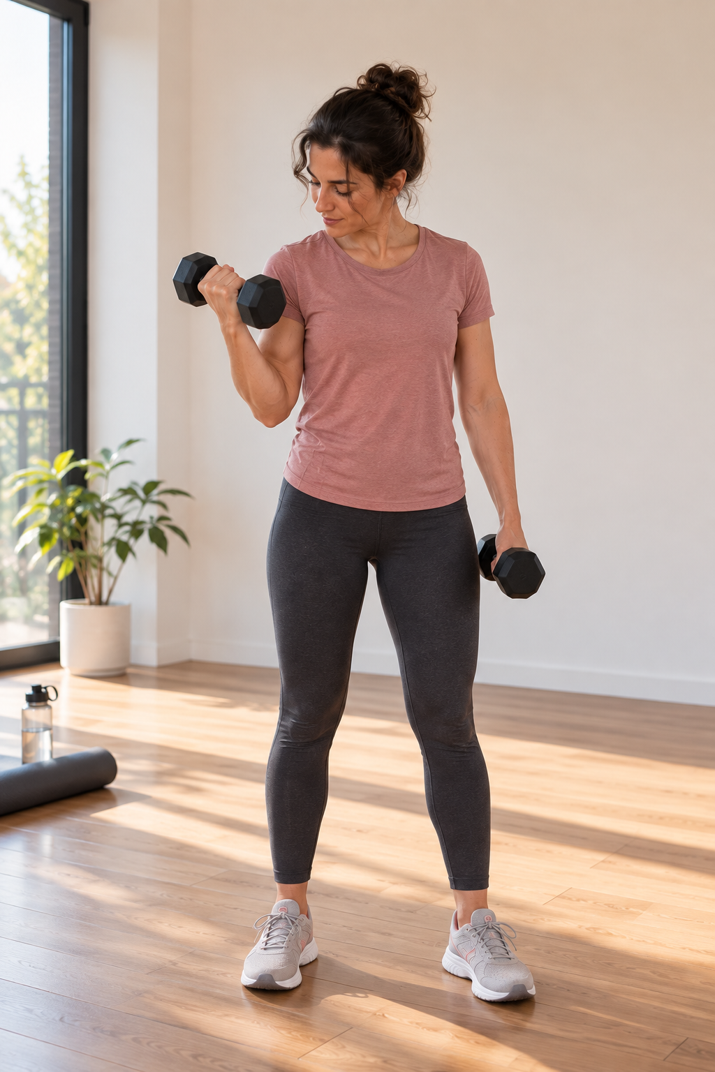 Femme réalisant un exercice de renforcement des biceps avec haltères